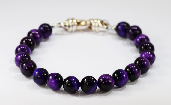 PurpleTigers Eye Spiritual Bead Bracelet~.925 Sterling Silver Clasp~8mm Beads~Custom Sizing