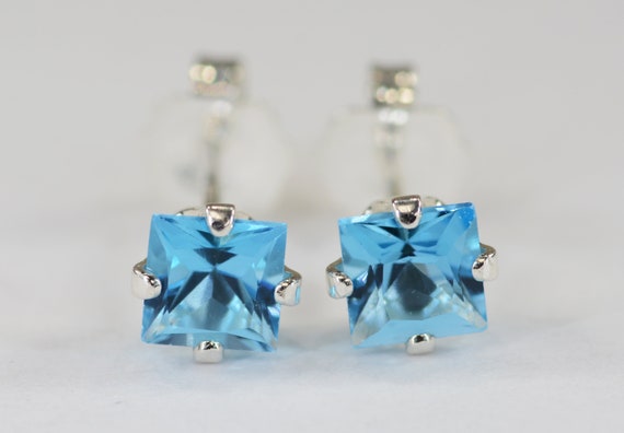 Swiss Blue Topaz Princess Earrings~.925 Sterling Silver Setting~4mm Princess~Genuine Natural Mined