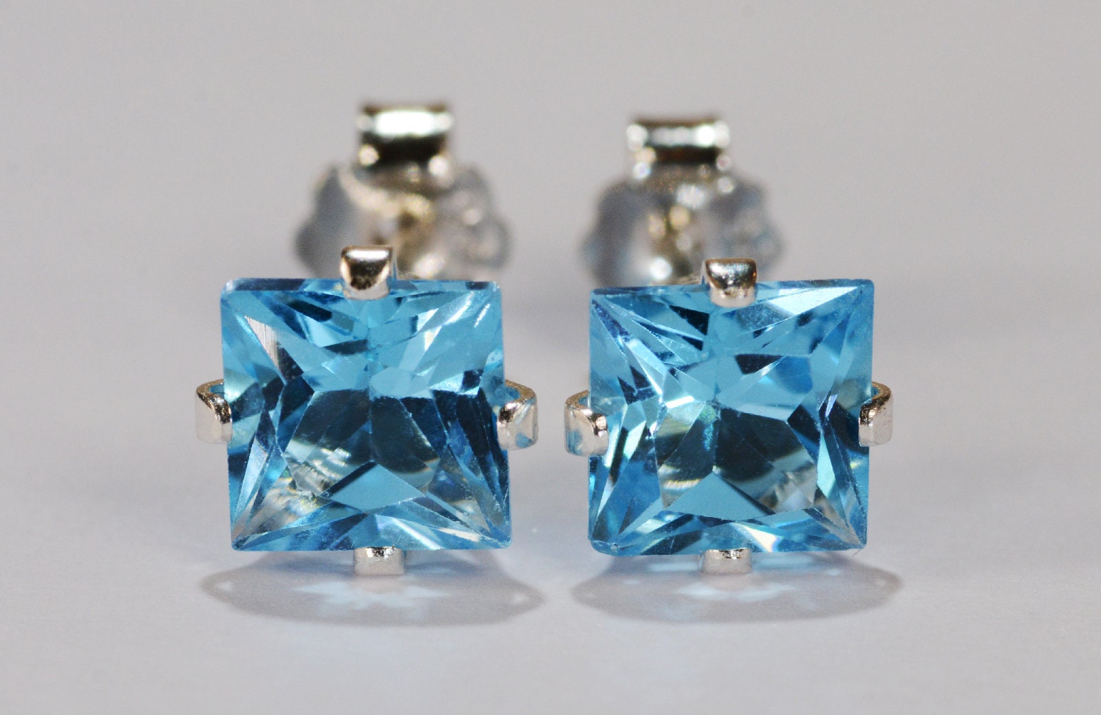 Light Blue Topaz Earrings.925 Sterling Silver Setting6mm Princess CutGenuine Natural Mined
