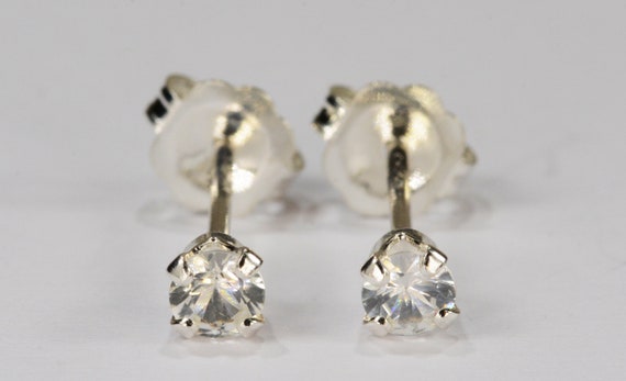 White Sapphire Earrings~.925 Sterling Silver~3mm Round Cut~Genuine Natural Mined