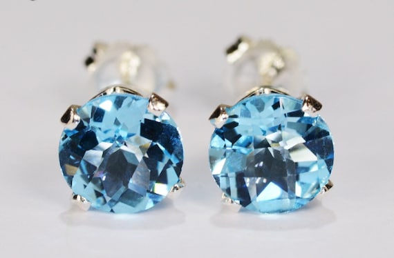 Swiss Blue Topaz Earrings~.925 Sterling Silver Setting~7mm Round Cut~Genuine Natural Mined