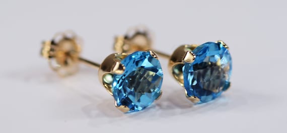 Swiss Blue Topaz Earrings~14KT Yellow Gold 4 Prong Setting~6mm Round~Genuine Natural