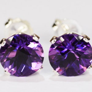 Amethyst Earrings~.925 Sterling Silver Setting~7mm Round Cut~Genuine Natural Mined