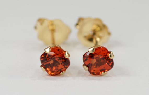 Red Orange Sapphire Earrings~14 KT Yellow Gold Setting~4mm Round~Genuine Natural Mined