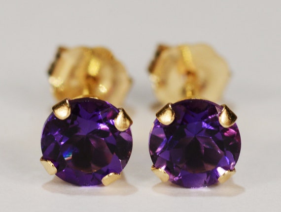 Amethyst Earrings~14kt Yellow Gold Setting~5mm Round~Genuine Natural Mined