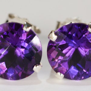 Purple Amethyst Earrings~.925 Sterling Silver Setting~8mm Round Cut~Genuine Natural