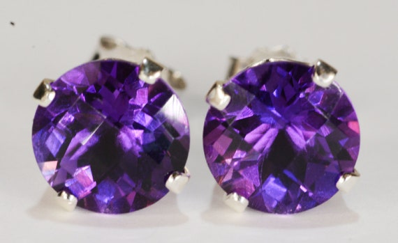 Purple Amethyst Earrings~.925 Sterling Silver Setting~8mm Round Cut~Genuine Natural
