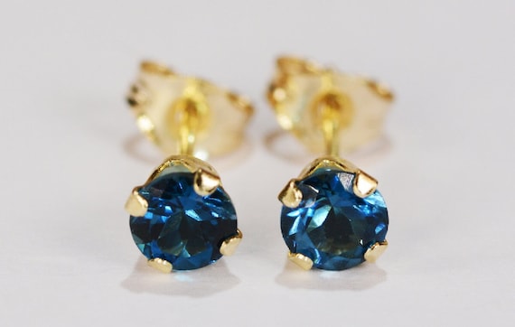 London Blue Topaz Earrings~14 KT Yellow Gold Setting~4mm Round~Genuine Natural Mined
