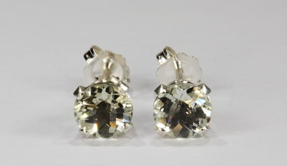 Green Amethyst Earrings~.925 Sterling Silver Setting~8mm Round Cut~Genuine Natural Mined