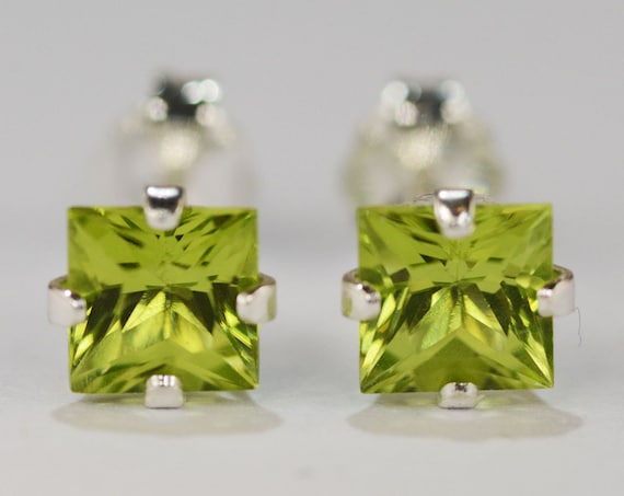 Peridot Earrings~.925 Sterling Silver Setting~5mm Princess Cut~Genuine Natural Mined Gemstones