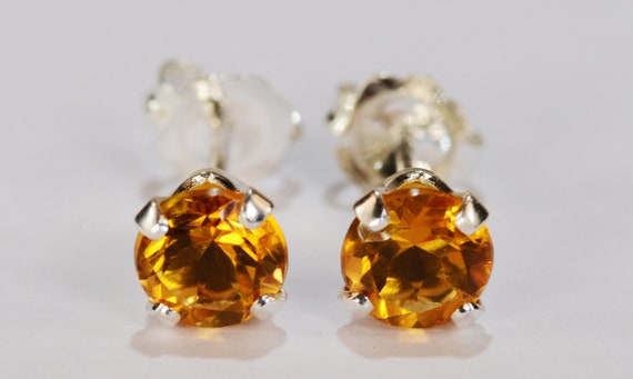 Citrine Earrings~.925 Sterling Silver Setting~5mm Round~Genuine Natural Mined
