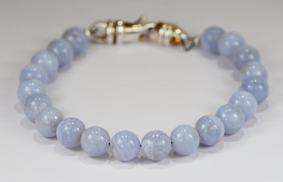 Blue Lace Agate Spiritual Bead Bracelet~.925 Sterling Silver Clasp~8mm Beads~Custom Sizing