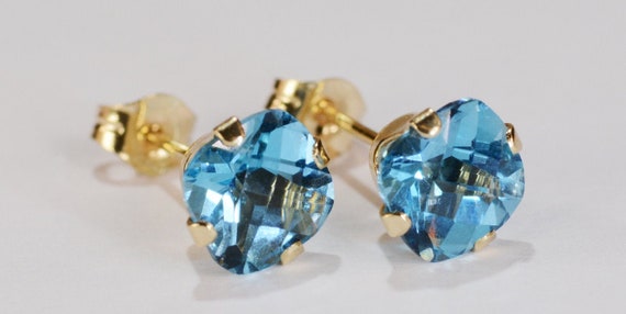 Swiss Blue Topaz Cushion Earrings ~ 6mm ~ 14KT Yellow Gold Setting ~ Genuine Natural Gemstones