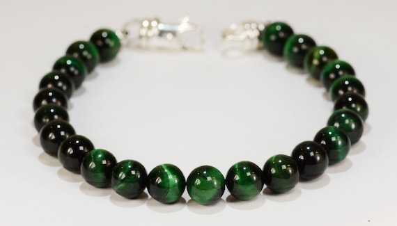 Green Tigers Eye Spiritual Bead Bracelet~.925 Sterling Silver Clasp~8mm Beads~Custom Sizing