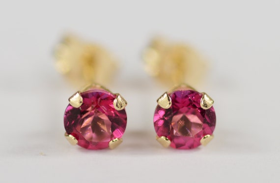 Mystic Pink Topaz Earrings~14 KT Yellow Gold Setting~4mm Round~Genuine Natural Mined