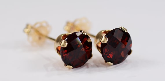 Red Garnet Earrings~14KT Yellow Gold 4 Prong Setting~6mm Round~Genuine Natural