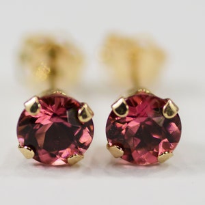 Dark Pink Tourmaline Earrings~14 KT Yellow Gold Setting~5mm Round~Genuine Natural Mined