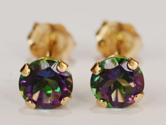Mystic Green Topaz Earrings~14kt Yellow Gold Setting~5mm Round~Genuine Natural Mined