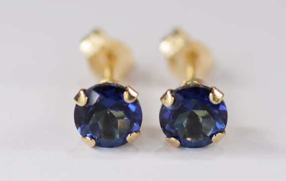 Mystic Cobalt Blue Topaz Earrings~14KT Gold Setting~5mm Round Cut~Genuine Natural Mined Gemstones