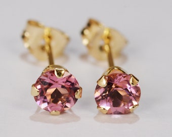 Pink Tourmaline Earrings Light Pink~14 KT Yellow Gold Setting~4mm Round~Genuine Natural Mined