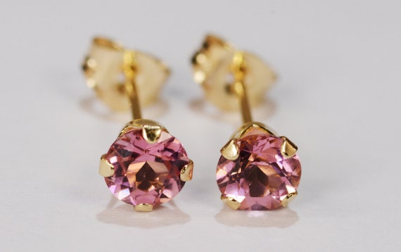 Pink Tourmaline Earrings Light Pink~14 KT Yellow Gold Setting~4mm Round~Genuine Natural Mined