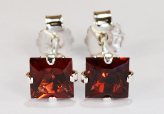 Garnet Earrings~.925 Sterling Silver 4 Prong Setting~5mm Princess Cut~Genuine Natural Mined