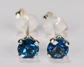 London Blue Topaz Earrings~.925 Sterling Silver Setting~4mm Round~Genuine Natural Mined