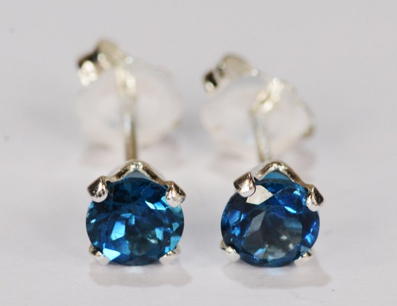 London Blue Topaz Earrings~.925 Sterling Silver Setting~4mm Round~Genuine Natural Mined