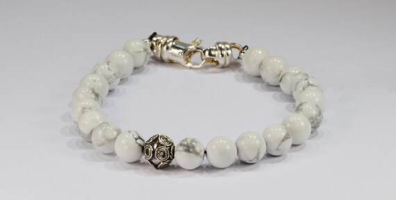 Calming Howlite Bead Bracelet~.925 Sterling Silver Clasp and Bali Bead~8mm Beads - Custom Sizing