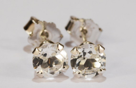 White Topaz Earrings~.925 Sterling Silver Setting~5mm Round Cut~Genuine Natural Mined Gemstones