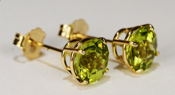 Peridot Earrings~14KT Yellow Gold Premium Basket Setting~6mm Round~Genuine Natural Mined