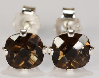 Smoky Quartz Earrings~.925 Sterling Silver Setting~6mm Cushion Cut~Genuine Natural Mined