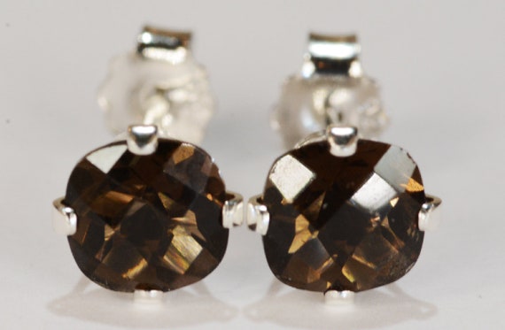 Smoky Quartz Earrings~.925 Sterling Silver Setting~6mm Cushion Cut~Genuine Natural Mined