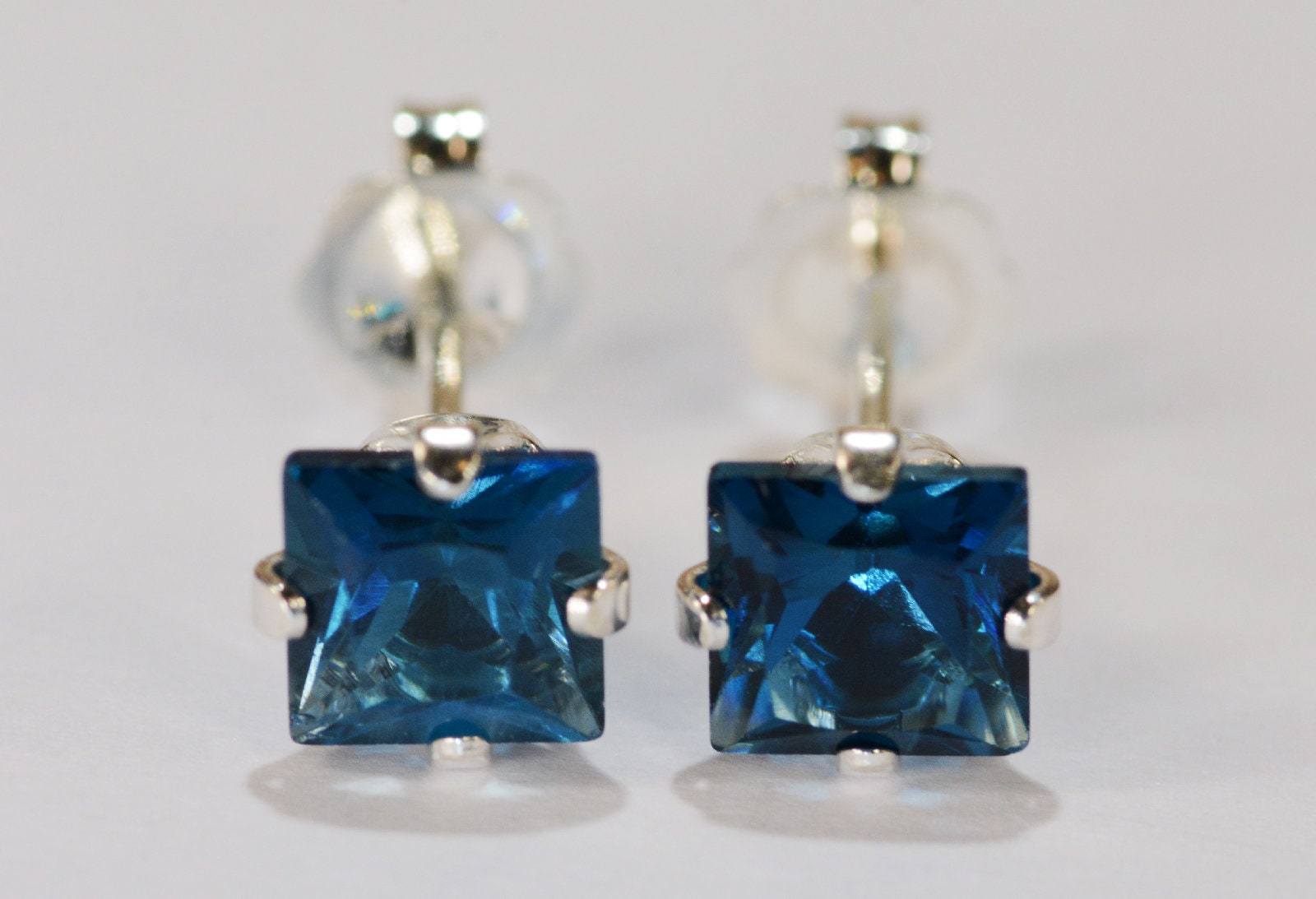London Blue Topaz Earrings~.925 Sterling Silver Setting~5mm Princess 