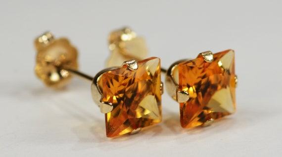 Citrine Earrings~14KT Yellow Gold Setting~6mm Princess~Genuine Natural
