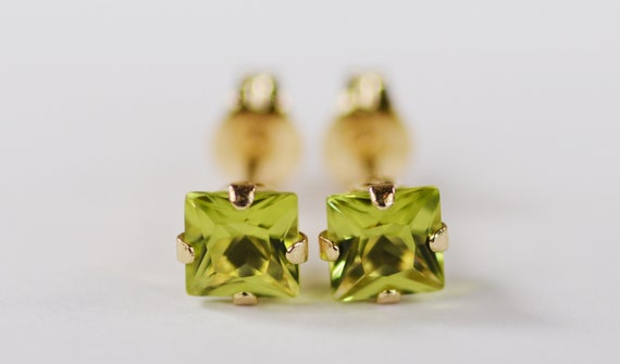 Peridot Earrings~14 KT Yellow Gold~4mm Princess Cut~Genuine Natural Mined