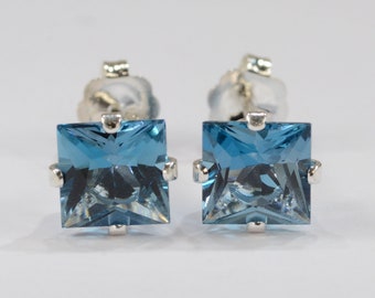 Blue Topaz Earrings~.925 Sterling Silver Setting~Genuine Natural Mined~6mm Princess