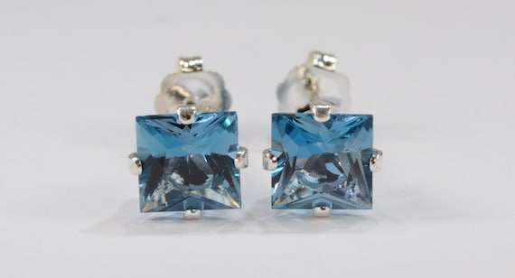 Blue Topaz Earrings~.925 Sterling Silver Setting~Genuine Natural Mined~6mm Princess