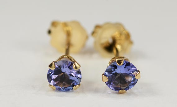 Tanzanite Earrings~14KT Yellow Gold 4 Prong Setting~4mm Round~Genuine Natural Mined