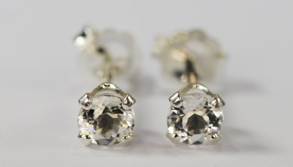White Topaz Earrings~.925 Sterling Silver Setting~4mm Round~Genuine Natural Mined