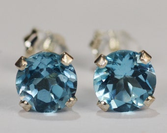 Blue Topaz Earrings~.925 Sterling Silver Setting~Genuine Natural Mined~6mm Round