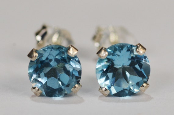 Blue Topaz Earrings~.925 Sterling Silver Setting~Genuine Natural Mined~6mm Round