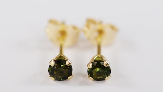 Green Tourmaline Earrings~14 KT Yellow Gold~3mm Round Cut~Genuine Natural Mined