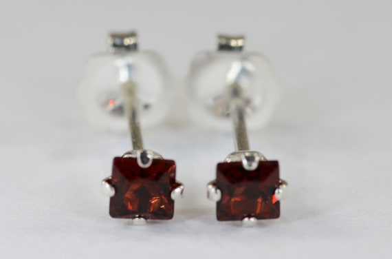 Garnet Princess Earrings~.925 Sterling Silver Setting~3mm Princess Cut~Genuine Natural Mined