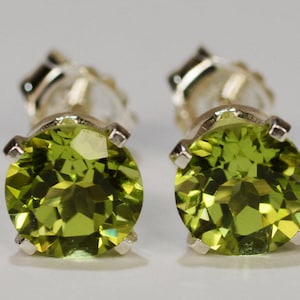 Peridot Earrings~.925 Sterling Silver Setting~6mm Round Cut~Genuine Natural Mined