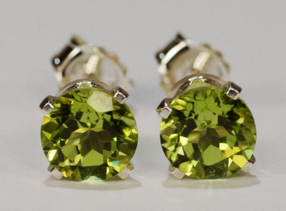 Peridot Earrings~.925 Sterling Silver Setting~6mm Round Cut~Genuine Natural Mined