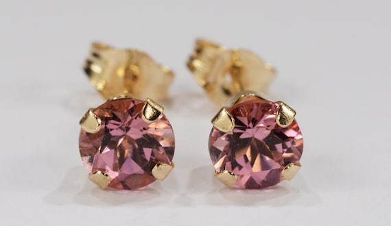 Pink Tourmaline Earrings~14 KT Yellow Gold Setting~5mm Round~Genuine Natural Mined