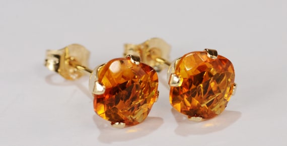 Citrine Earrings~14KT Yellow Gold Setting~6mm Cushion~Genuine Natural