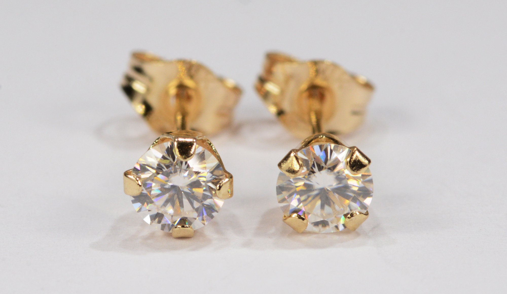 Moissanite Earrings~14 KT Yellow Gold~4mm Round Cut~Genuine