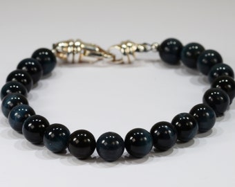 Blue Gray Tigers Eye Spiritual Bead Bracelet~.925 Sterling Silver Clasp~8mm Beads~Custom Sizing